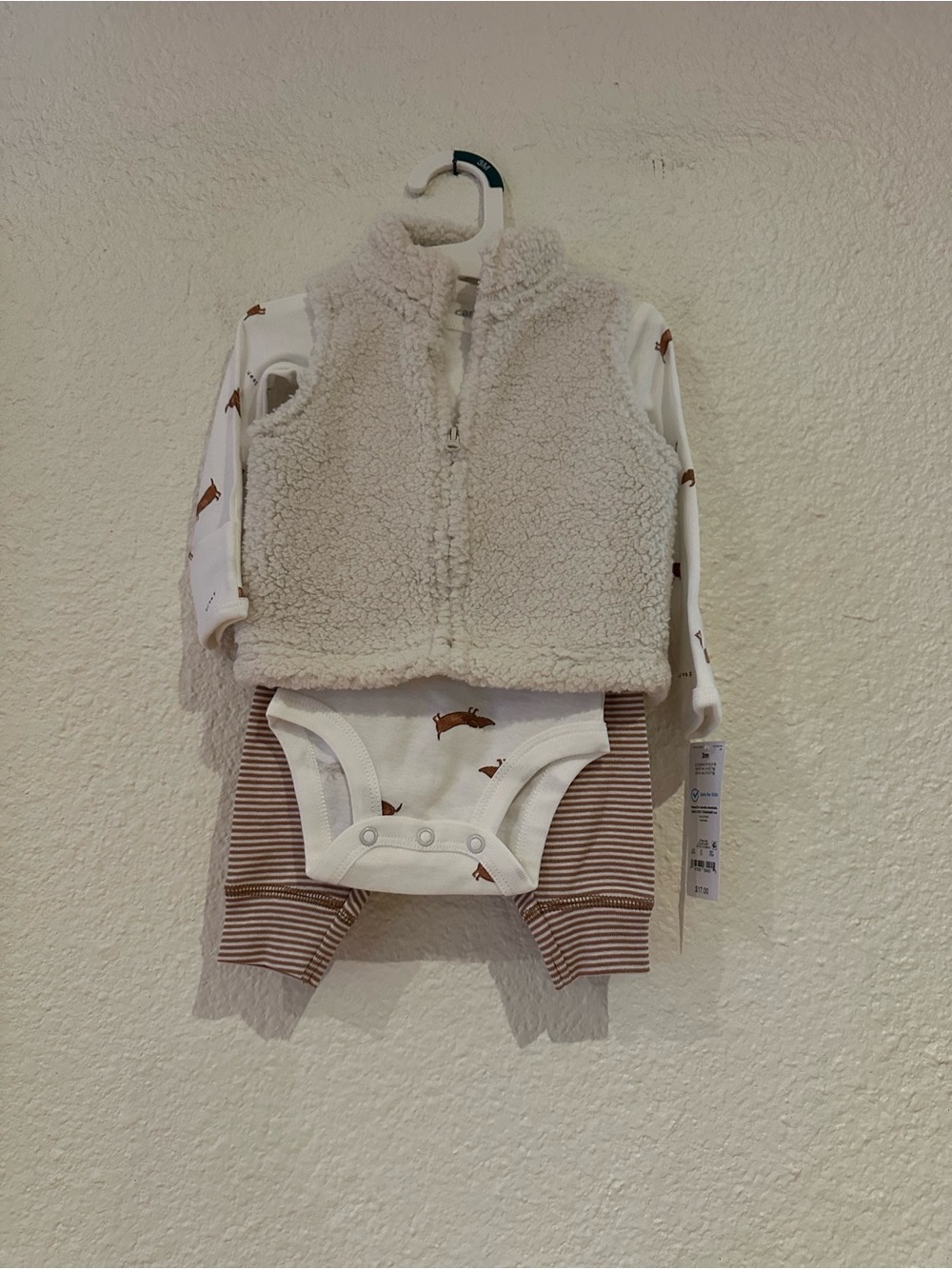 Carter's Cream Sherpa Vest with White doggy print  Bodysuit & Brown Stripe Pants